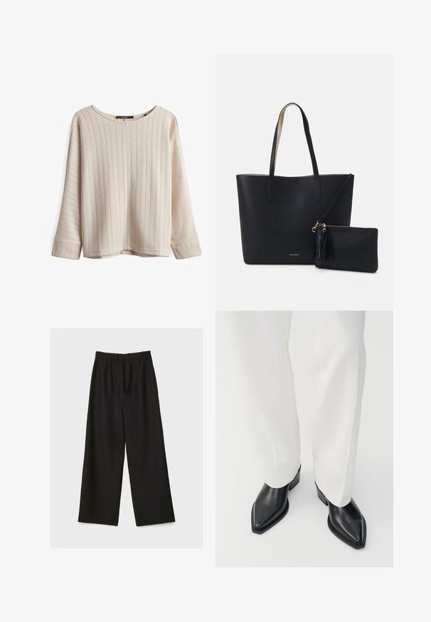 Helle beige Pullover mit vertikaler Rippung, weitem Boot-Ausschnitt und lockerer Passform. Strukturierter Stoff, lange Ärmel mit verlängerten Bündchen.; Schwarze weit geschnittene Hose mit elastischem Bund, flach auf einem hellen Hintergrund präsentiert.; Schwarze spitz zulaufende Stiefeletten aus glattem Leder mit flachen Blockabsätzen, kombiniert mit weißen, weiten Hosen. Schlichtes und modernes Design.; Schwarze Tragetasche aus strukturiertem Material, mit zwei langen Griffen und einem abnehmbaren Reißverschlussbeutel mit Quastendetail. Goldenes Markenlogo sichtbar.