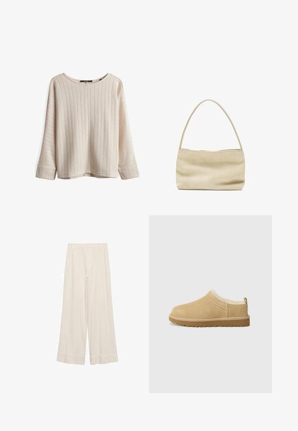 Helle beige Pullover mit vertikaler Rippung, weitem Boot-Ausschnitt und lockerer Passform. Strukturierter Stoff, lange Ärmel mit verlängerten Bündchen.; Weite Hosen aus cremefarbenem Stoff, mit glatter Textur, tailliertem Bund und sauberen Nähten. Flaue Vorderseite mit doppelt genähten Säumen.; Suede Slipper in hellbraun, ausgestattet mit einem weichen Fellfutter und einer strukturierten Gummisole mit einem leichten Absatz sowie einer Zugschlaufe hinten für einfaches An- und Ausziehen.; Beige rechteckige Schultertasche mit einem einzelnen dünnen Riemen und weicher, leicht zerknitterter Textur vor weißem Hintergrund.