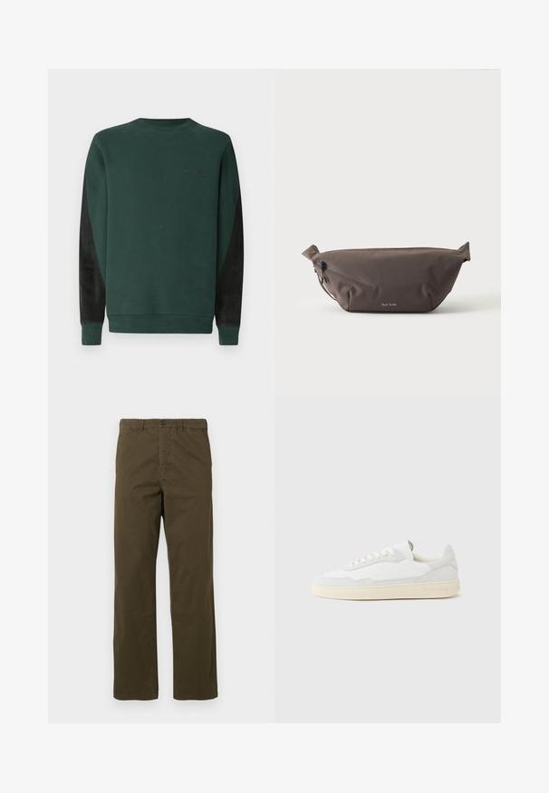 Sweat-shirt vert avec col rond, panneaux latéraux noirs et logo subtil en noir sur la poitrine. Tissu doux et texturé.; Pantalons en coton marron pour hommes, coupe droite, avec passants de ceinture, bouton frontal et fermeture éclair sur fond clair.; Baskets blanches avec dessus en daim et cuir texturé. Caractérisées par un bout arrondi, une fermeture à lacets et une semelle en caoutchouc beige contrastante.; Sac banane en tissu marron foncé avec poche zippée en diagonale et petit logo blanc sur le devant, sur un fond clair uni.
