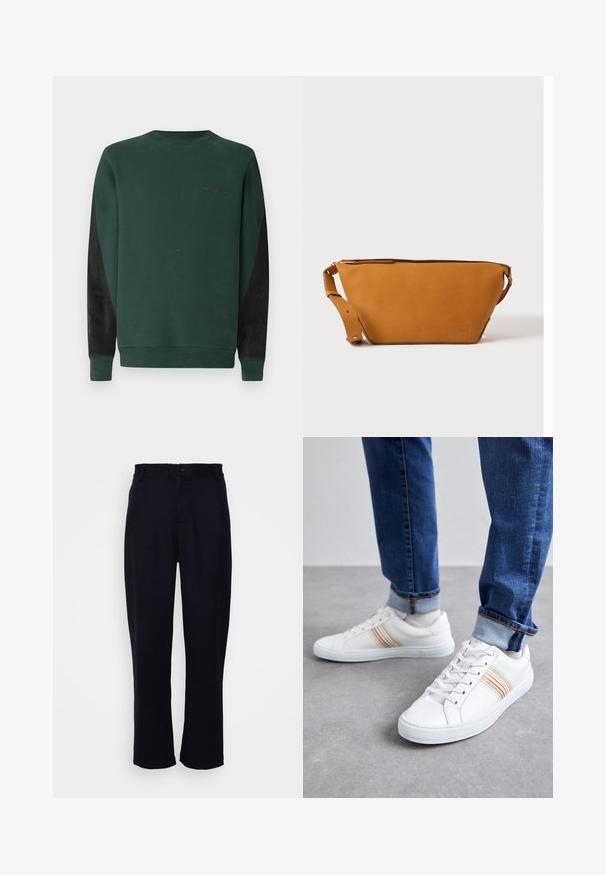 Grøn sweatshirt med rund hals, sorte sidelapper og subtil logo-detaljering i sort på brystet. Blødt, tekstureret stof.; Sorte bukser med lige ben-design, der har en tætsiddende talje, en enkelt frontknap og to forlommer. Glat tekstur.; Hvide lædersneakers med multicolore striber, snørebåndsdesign, gummisål og polstret krave, parret med blå denimjeans.; Lys brun læder crossbody taske med justerbar rem og lynlås, vist mod en ensartet lys baggrund.