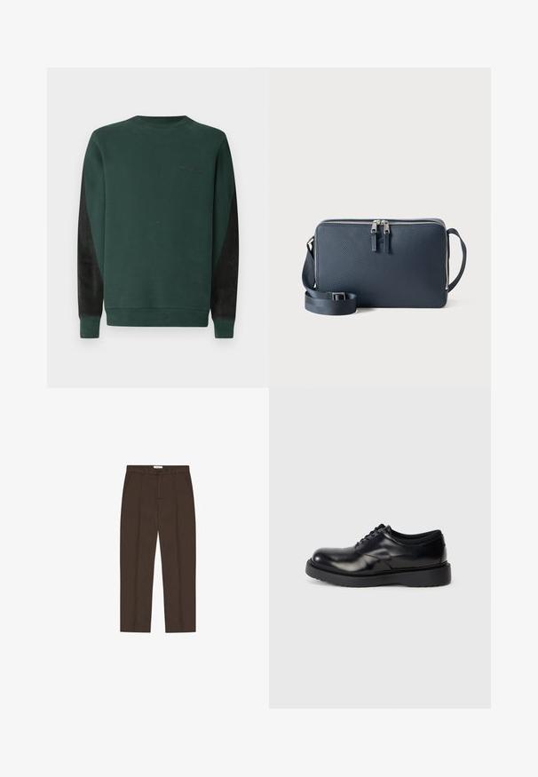 Groene sweatshirt met ronde hals, zwarte zijpanelen en subtiele logo-afwerking in het zwart op de borst. Zacht, gestructureerd materiaal.; Bruine op maat gemaakte broek met rechte pijpen, riemlussen, voorzakken, een voorknop en ritssluiting.; Zwarte leren veterschoen met een ronde neus, een glad oppervlak en een dikke rubberen zool met subtiele groeven voor grip.; Donkerblauwe handtas met textuur, met een ritsluiting, twee ritsstoppers, een verstelbare schouderriem en een plat ontwerp, geschikt voor casual gebruik.