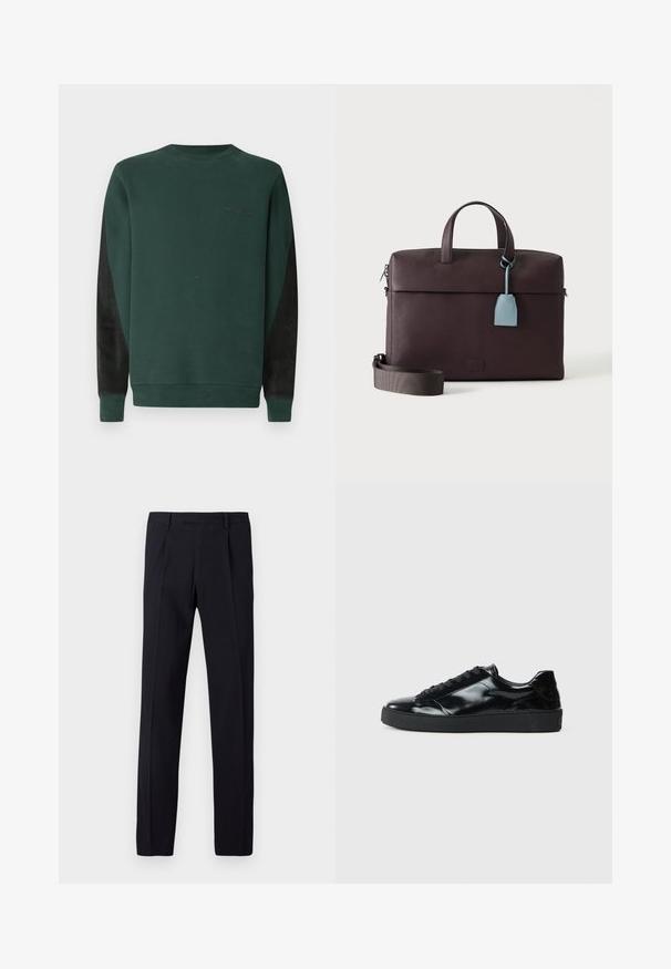 Sweat-shirt vert avec col rond, panneaux latéraux noirs et logo subtil en noir sur la poitrine. Tissu doux et texturé.; Pantalon noir avec une finition texturée, présentant une coupe droite, des passants pour ceinture et des plis repassés sur le devant. Pas de poches visibles.; Baskets en cuir verni noir avec un bout arrondi, un laçage, une semelle en caoutchouc texturé et une finition lisse.; Serviette en cuir marron foncé avec poignées supérieures, bandoulière amovible et étiquette en cuir bleu clair suspendue à une poignée.