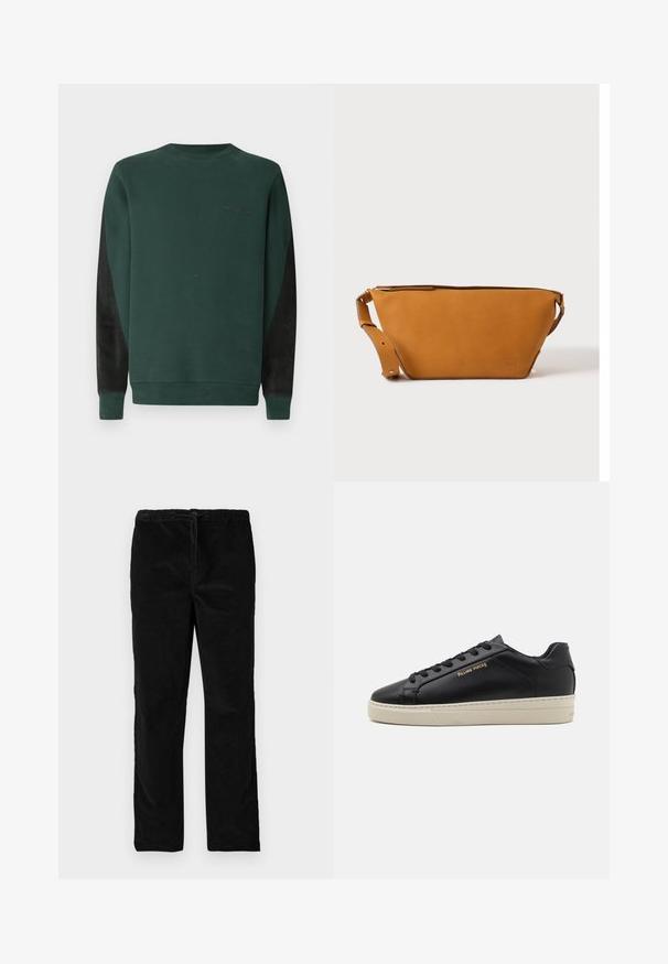 Grøn sweatshirt med rund hals, sorte sidelapper og subtil logo-detaljering i sort på brystet. Blødt, tekstureret stof.; Sorte lige ben i velour med elastisk talje og forreste snor, præsenteret mod en simpel hvid baggrund.; Sorte lædersneakers med en glat finish, kontrasterende cremefarvet sål, rund tå, guld logo på siden og seks huller til snørebånd.; Lys brun læder crossbody taske med justerbar rem og lynlås, vist mod en ensartet lys baggrund.