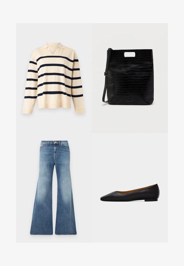 Pull en maille beige à manches longues avec des rayures noires horizontales et un petit col avec un décolleté en V.; Jean bleu taille haute à jambes larges avec devant délavé, design à cinq poches, passants pour ceinture et fermeture à bouton sur fond blanc.; Chaussure plate en cuir noir à bout pointu avec talon bas et finition lisse, vue de côté sur un fond gris clair.; Sac fourre-tout en simili cuir noir avec texture crocodile, forme rectangulaire, découpes pour les poignées sur le dessus et bandoulière amovible. Logo de la marque affiché.