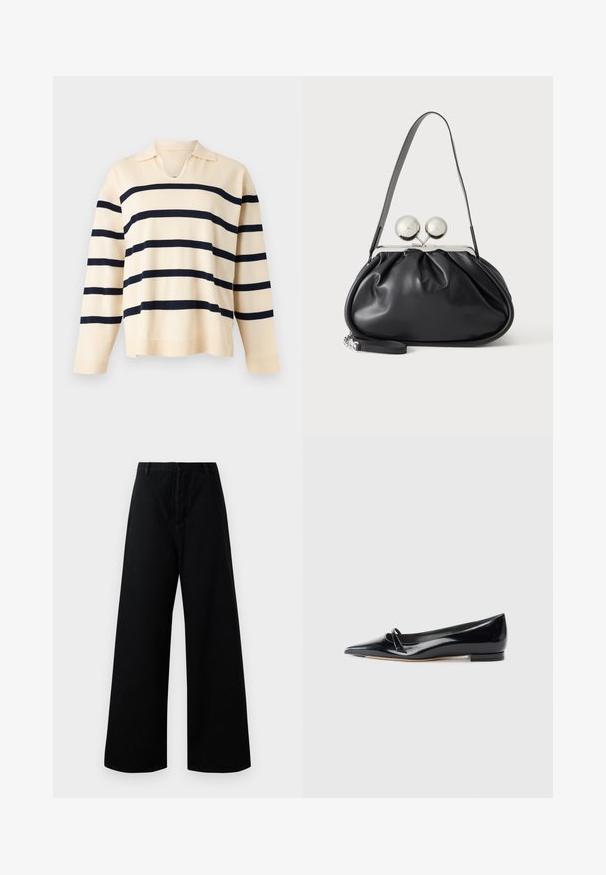 Pull en maille beige à manches longues avec des rayures noires horizontales et un petit col avec un décolleté en V.; Pantalons larges noirs en coton, dotés d'une taille haute, de poches avant et d'un design épuré et simple avec des détails de couture minimaux.; Chaussure plate en cuir verni noir avec un bout pointu, une petite lanière décorative et un petit talon carré. Texture lisse et design épuré.; Sac à main en cuir noir avec un design plissé, une sangle unique, un cadre métallique argenté et deux grandes fermoirs ronds en argent.