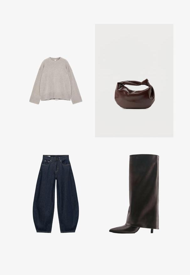 Pull gris en maille avec col rond, épaules tombantes, poignets et bas côtelés. Présente une coupe décontractée et une texture douce.; Jean en denim bleu foncé à jambes larges avec poches avant, passants de ceinture et fermeture par bouton à la taille.; Botte haute noire en cuir avec un bout pointu et un talon fin de hauteur moyenne sur fond blanc.; Sac bandoulière en cuir marron foncé avec une forme souple et décontractée et une anse nouée torsadée sur un fond blanc uni.