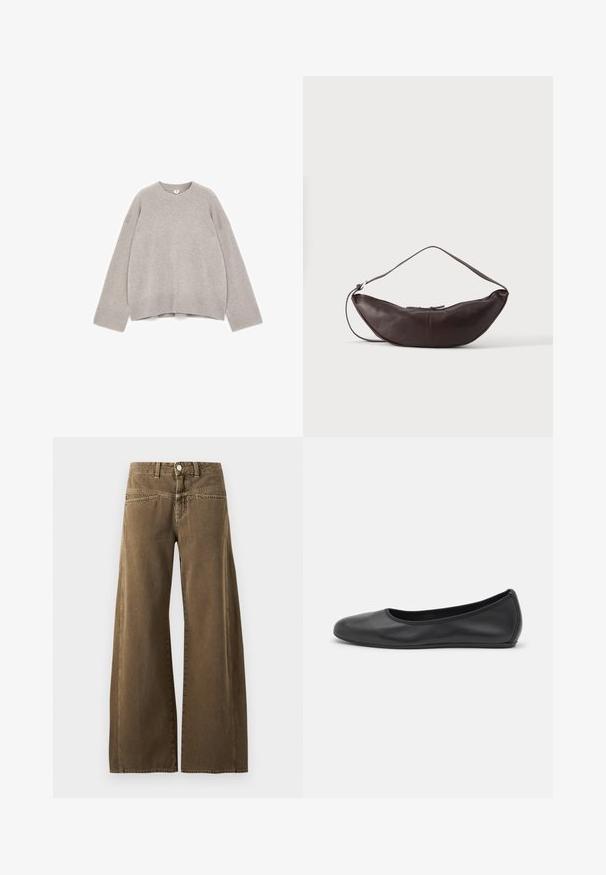 Pull gris en maille avec col rond, épaules tombantes, poignets et bas côtelés. Présente une coupe décontractée et une texture douce.; Pantalon marron taille haute à jambes larges avec bouton devant, passants de ceinture, et coutures visibles sur fond clair.; Ballerines en cuir noir avec un bout rond, texture lisse, détails de couture minimalistes et design de semelle flexible.; Sac d'épaule en cuir marron foncé en forme de croissant avec une lanière courbée et des coutures visibles sur fond uni.