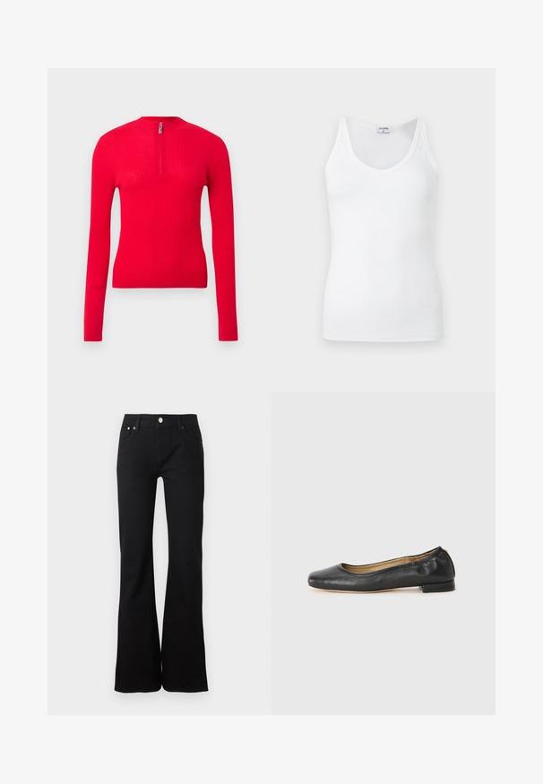 Haut rouge côtelé à manches longues, cintré, avec un col montant et une courte fermeture éclair à l'avant. Texture douce et design épuré.; Débardeur blanc pour femme, sans manches, col en V avec fines bretelles, présenté sur un fond gris clair uni.; Jean noir taille haute avec jambe évasée, fermeture devant par bouton et zip, et design classique à cinq poches.; Ballerines en cuir noir avec un bout arrondi et des coutures minimales. Talon bas et rectangulaire avec une texture lisse. Détails subtils de doublure intérieure.