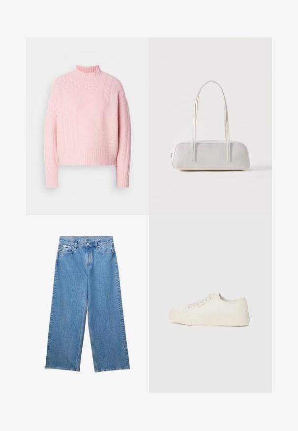 Lacoste ADY - Jersey de punto - nidus; Vaqueros de mezclilla azules de pierna ancha con botón y cremallera delanteros, trabillas para cinturón y etiqueta Calvin Klein en el pequeño bolsillo frontal.; Zapatillas de lona color marfil, con un diseño de corte bajo, punta redonda y suela de goma plana con un sutil detalle de costura.; Bolso de hombro rectangular blanco con correas largas y delgadas, costuras mínimas y cierre de cremallera sobre un fondo liso.