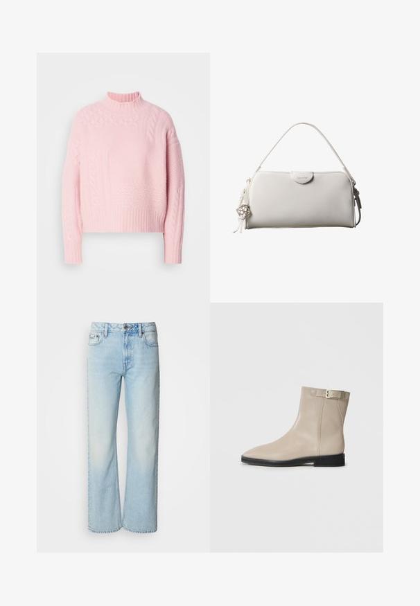 Lacoste ADY - Jersey de punto - nidus; Vaqueros de pierna ancha azul claro confeccionados en denim, con un diseño clásico de cinco bolsillos y una sutil textura deslavada. La costura del denim es visible.; Botín de cuero beige hasta el tobillo con puntera afilada, suela negra, tacón bajo y correa con hebilla dorada en el lado exterior, mostrado sobre fondo blanco.; Bolso rectangular blanco de Calvin Klein con un solo asa, diseño minimalista y borlas decorativas con un charm metálico geométrico en el lateral.