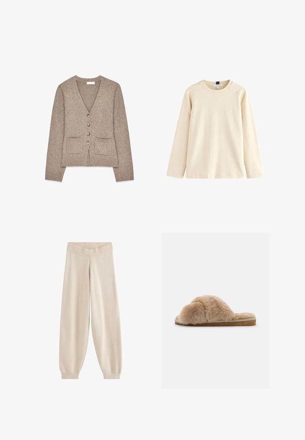 Cardigan en tricot brun avec un col en V, cinq boutons dorés et deux poches avant. Poignets et ourlet côtelés ; texture douce.; T-shirt à manches longues et col rond en beige clair, en tissu doux mélangé en coton. Présente une surface texturée et des manches raglan.; Pantalon beige en maille à jambes larges avec taille élastique et poignets côtelés aux chevilles, présenté sur fond blanc.; Chausson en peluche beige avec une texture douce, à dos ouvert et doublure intérieure. Semelle plate avec une base marron clair et des coutures beiges.