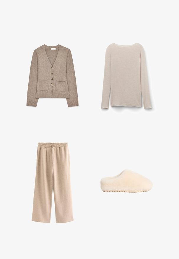 Cardigan en tricot brun avec un col en V, cinq boutons dorés et deux poches avant. Poignets et ourlet côtelés ; texture douce.; T-shirt à manches longues rose clair avec un col rond décontracté, fabriqué en tissu doux avec une texture marbrée subtile.; Pantalon beige à jambes larges avec taille élastique et cordon, en tissu doux et moucheté.; Chaussons beiges, doux et moelleux, avec une semelle plate solide et un embout arrondi, présentant un design sans couture et une texture pelucheuse.