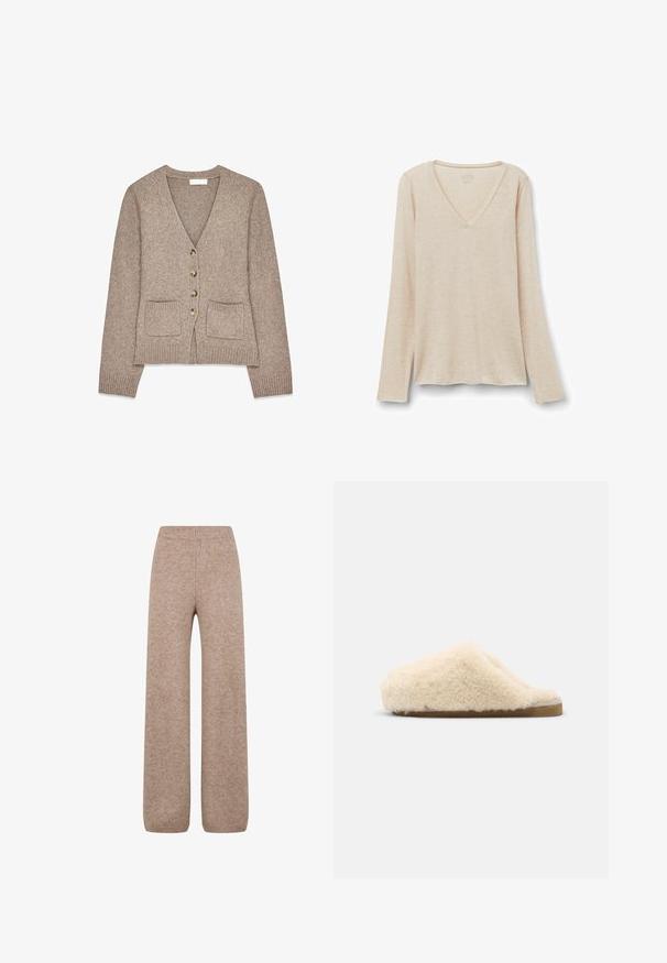 Cardigan en tricot brun avec un col en V, cinq boutons dorés et deux poches avant. Poignets et ourlet côtelés ; texture douce.; Haut à manches longues en tissu beige clair avec une texture douce. Coupe décontractée avec un ourlet droit et un design minimaliste.; Pantalons larges en tricot de couleur marron clair avec une taille et des poignets côtelés, présentant un tissu doux et texturé. Pas de poches visibles.; Shepherd Chaussons - creme