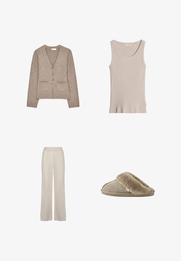 Cardigan en tricot brun avec un col en V, cinq boutons dorés et deux poches avant. Poignets et ourlet côtelés ; texture douce.; Débardeur beige côtelé sans manches avec encolure ronde, étiquette de marque visible à l'intérieur du col et petite étiquette latérale sur fond blanc uni.; Pantalons à jambe large en tissu beige clair et doux. Présentent une texture lisse avec une taille élastique et un design simple, sans embellissements.; Chausson beige à enfiler avec une doublure douce et pelucheuse en fourrure autour de l'ouverture et une semelle extérieure effet daim.