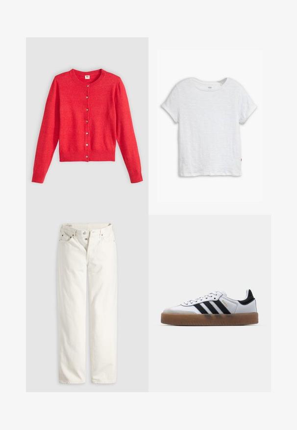 Rød cardigan lavet af blødt stof med rund halsudskæring, lange ærmer og knaplukning foran. Har matchende knapper.; Hvid kortærmet t-shirt lavet af letvægtsbomuld, med rund halsudskæring, en let boxy form, og et lille rødt logo-mærke på kanten.; Hvide jeans med høj talje, lige ben, knaplukning, lommer foran og bagpå samt synlige kobbernitter i lommekanterne.; Hvide lædersneakers med sorte striber, gummirubber sål, rund tå, snørelukning og blød grå ruskinds tåhætte.