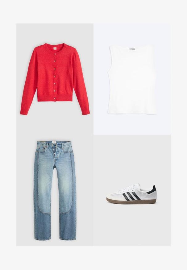 Cardigan rouge en tissu doux avec un col rond, des manches longues et une fermeture à boutons sur le devant. Caractérisé par des boutons assortis.; Débardeur blanc ajusté sans manches avec un col rond et un design minimaliste, étiqueté "WEEKDAY" à l'intérieur du col.; Jean en denim bleu clair avec une coupe droite et ample, présentant des détails de panneaux contrastants et un design à cinq poches. Fermeture à bouton.; Baskets en mesh blanc avec des rayures noires, un embout en daim beige et un accent sur le talon, semelle en caoutchouc texturée, et lacets blancs. Design classique à tige basse.