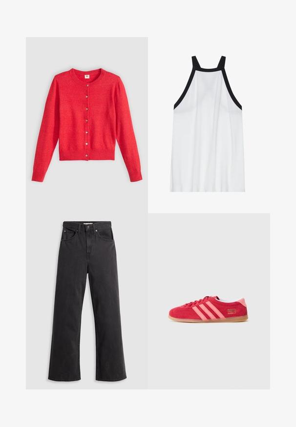 Cardigan rouge en tissu doux avec un col rond, des manches longues et une fermeture à boutons sur le devant. Caractérisé par des boutons assortis.; Débardeur blanc sans manches avec un col haut ; présente des bretelles noires en accent. Tissu lisse et léger avec une coupe décontractée.; Jeans larges en denim noir à taille haute, avec cinq poches et une fermeture à bouton en métal. Le tissu a une texture lisse et légèrement décolorée.; Baskets en daim rouge avec des rayures roses, une semelle en caoutchouc gomme et des détails de logo dorés. Elles présentent un bout arrondi et un design à lacets.