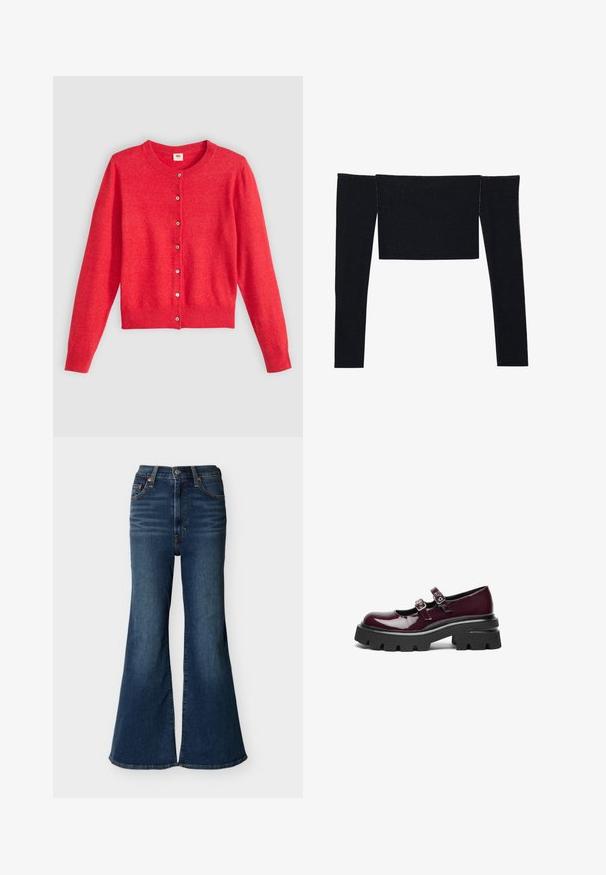 Cardigan rouge en tissu doux avec un col rond, des manches longues et une fermeture à boutons sur le devant. Caractérisé par des boutons assortis.; Even&Odd T-shirt à manches longues - silver; Jean évasé taille haute bleu foncé avec une jambe large, en denim, doté de poches avant et d'une braguette à boutons.; Chaussures Mary Jane en cuir verni bordeaux avec des brides à double boucle et de grosses semelles en caoutchouc noir dotées de rainures profondes.