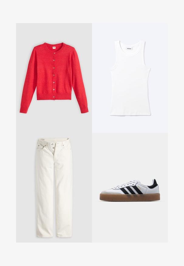 Rød cardigan lavet af blødt stof med rund halsudskæring, lange ærmer og knaplukning foran. Har matchende knapper.; Hvid ærmeløs ribstrikket top med rund halsudskæring og en lille label med teksten "WEEKDAY" indeni kraven.; Hvide jeans med høj talje, lige ben, knaplukning, lommer foran og bagpå samt synlige kobbernitter i lommekanterne.; Hvide lædersneakers med sorte striber, gummirubber sål, rund tå, snørelukning og blød grå ruskinds tåhætte.