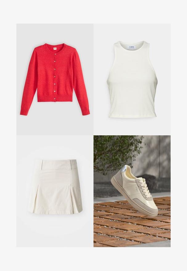 Rød cardigan lavet af blødt stof med rund halsudskæring, lange ærmer og knaplukning foran. Har matchende knapper.; 7 DAYS Active SHIELDS TOP - Top - white; Lys beige bomuldsnederdel med en tætsiddende talje, plisseret design og lige kant, som har en glat tekstur uden synlig hardware.; Beige og cremefarvet sneaker med sølv hældetalje, snørebånd bundet, placeret over en flisebelagt træs overflade med sløret grønt område og væg i baggrunden.