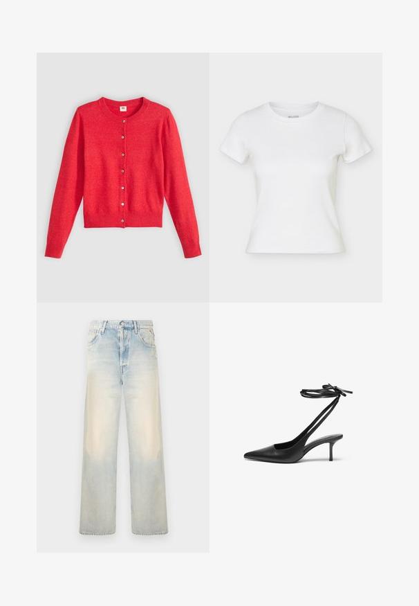 Rød cardigan lavet af blødt stof med rund halsudskæring, lange ærmer og knaplukning foran. Har matchende knapper.; Hvid kortærmet tætsiddende T-shirt med rund hals, vist fladt med let synlige sidesømme.; Lyst vævet denim bredbenede jeans med en falmet finish, fem lommer og en klassisk knaplukning. Blød tekstur og løs pasform.; Sorte læder stiletto sko med spids tå, åben bag, og ankelstropper bundet i en sløjfe. Slank 3-tommers hæl. Glat overflade, minimalistisk design.