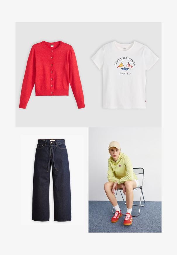 Cardigan rouge en tissu doux avec un col rond, des manches longues et une fermeture à boutons sur le devant. Caractérisé par des boutons assortis.; T-shirt blanc à manches courtes Levi's avec des drapeaux jaunes et rouges croisés et le texte "Levi's Original Since 1873" au centre devant.; Jeans en denim bleu foncé à jambes larges, avec une taille haute, dotés d'un lien à cordon, de cinq poches et de détails de couture contrastants.; Un sweat à capuche vert clair avec logo, un short blanc, des baskets rouges avec rayures blanches, assis sur une chaise pliante en chrome contre un fond neutre.