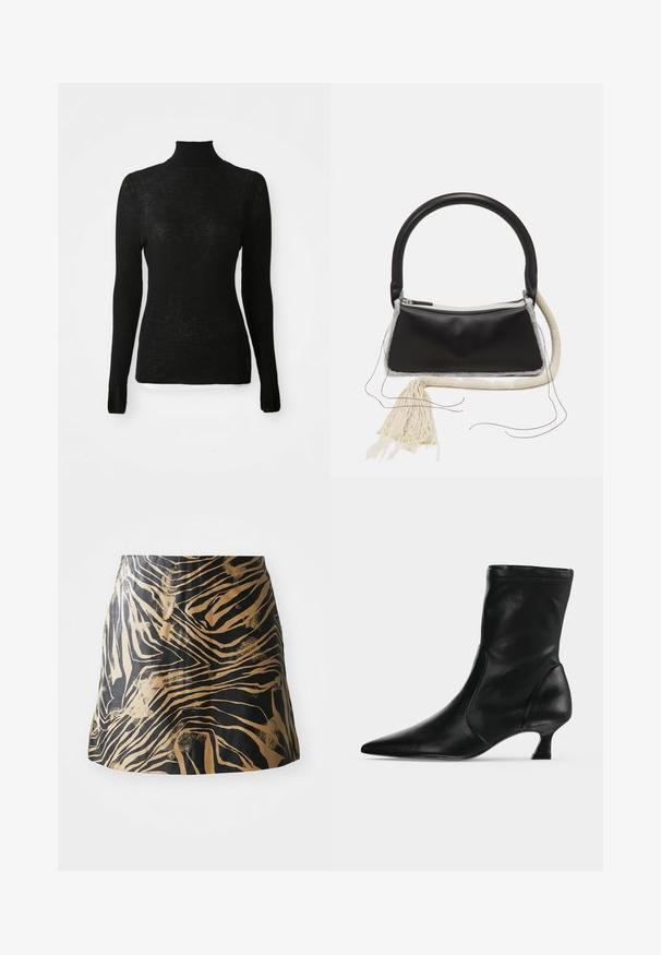 Pull en maille côtelée noir à manches longues, col roulé, coupe ajustée et texture subtile sur fond blanc.; Jupe noire et dorée présentant un motif zébré, fabriquée en matériau lisse avec une coupe ajustée et un design taille haute.; Botte mi-mollet en cuir noir avec bout pointu et petit talon kitten, vue de profil sur un fond clair uni.; Sac en cuir noir avec une poignée arrondie, fermeture éclair en argent, bordure en fourrure blanche et un long gland crème attaché à l'avant.