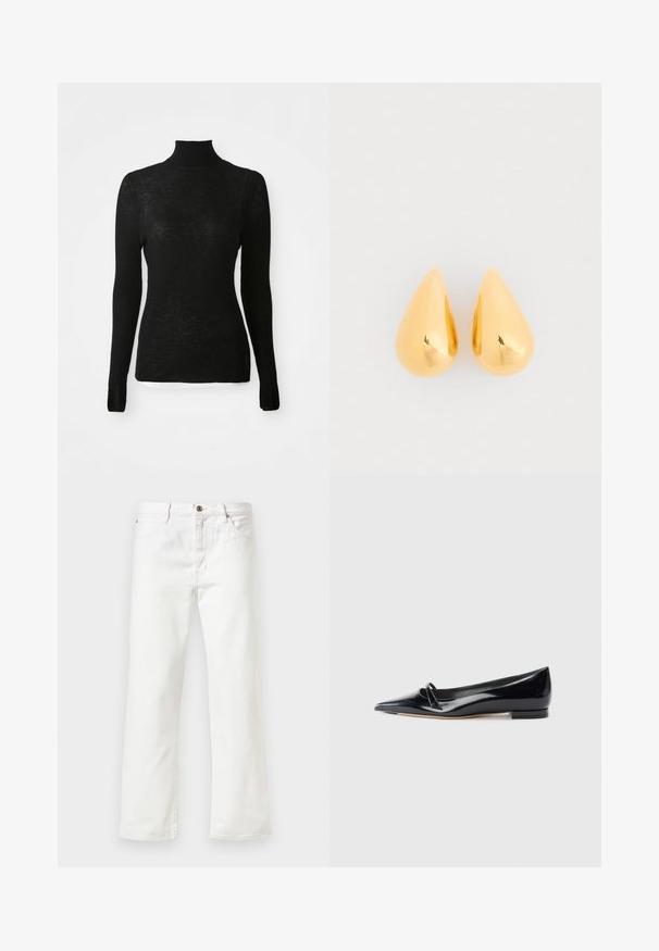 Sort langærmet ribbet strikpullover med høj hals og slim fit samt subtil tekstur på en hvid baggrund.; Hvide denim jeans med lige ben, der har knaplukning og fem lomme-design. Glat tekstur og minimal detaljer.; Sorte patentlæder flade sko med spids tå, lille dekorativ rem og lav blokhæl. Glat tekstur og strømlinet design.; Guld dråbeøreringe med en glat, poleret overflade og afrundede bunde, der reflekterer lyset med en skinnende finish.