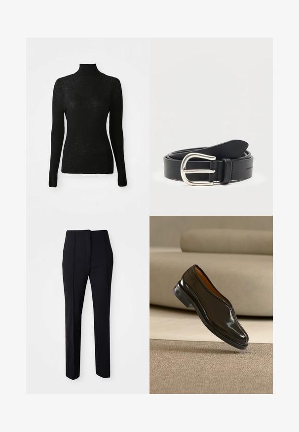 Sort langærmet ribbet strikpullover med høj hals og slim fit samt subtil tekstur på en hvid baggrund.; Sorte skræddersyede bukser med lige ben i et glat stof, der har flad front og sidelommer for funktionalitet.; Sort læder slip-on selskabssko, der svæver over beige tæppe med en buet beige sofa i baggrunden.; Sort læderbælte rullet med en sølv metal rundet spænde på en ens hvid baggrund.