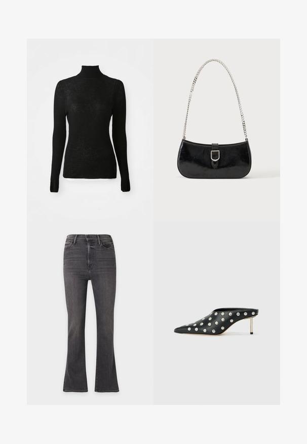 Pull en maille côtelée noir à manches longues, col roulé, coupe ajustée et texture subtile sur fond blanc.; Jean en denim gris foncé taille haute avec un léger évasement en bas et des poches avant, présenté sur un fond uni.; STAND STUDIO KELSEY - Mules à talons - black; Sac à épaule en cuir verni noir avec détail de boucle argentée et bandoulière en chaîne argentée, présenté sur un fond uni clair.