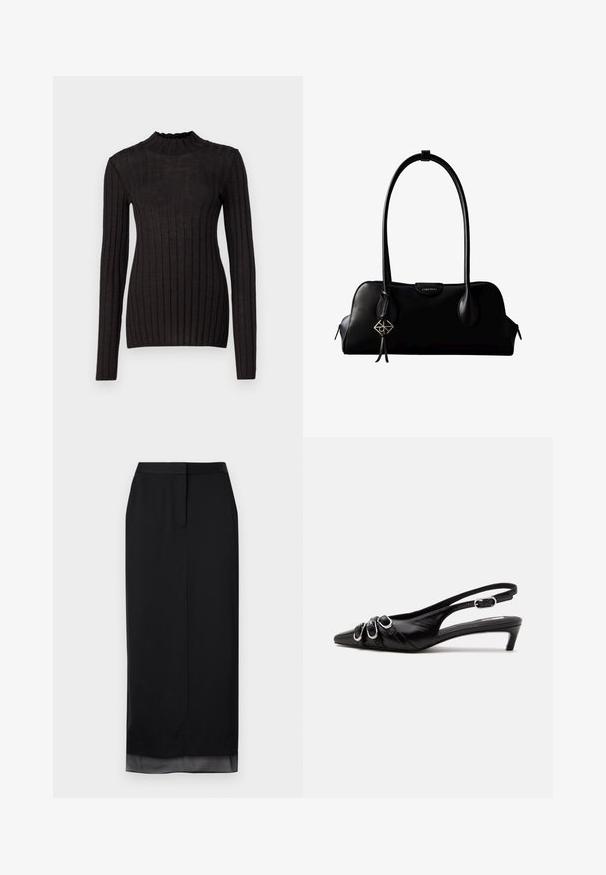 Pull noir à manches longues côtelé avec un col haut et volanté. Le tissu est lisse avec une silhouette ajustée et présente des rayures verticales.; Jupe longue noire en tissu lisse. Elle présente une silhouette droite avec un ourlet légèrement transparent, une taille ajustée et un détail fendu à l'arrière.; Chaussure slingback en cuir noir avec bout pointu, trois boucles argentées à l'avant et petit talon kitten sur fond blanc.; Sac à main en cuir noir Calvin Klein avec de longues anses, une étiquette logo à l'avant et un charme géométrique argenté suspendu à une anse.
