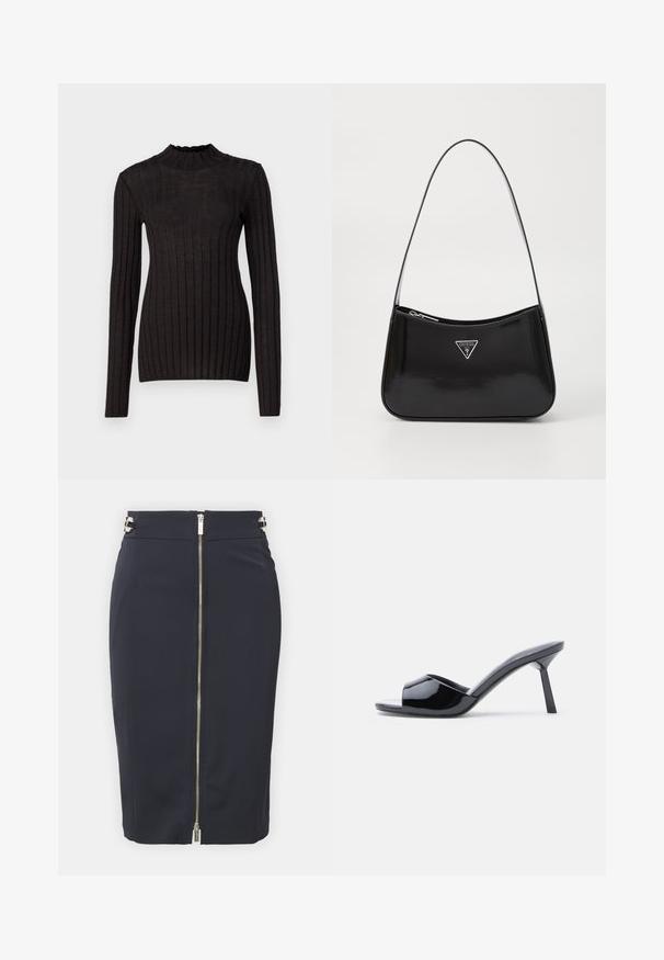 Sort ribbet langærmet sweater med en høj, flæset hals. Stoffet er glat med en tætsiddende silhuet og har vertikale striber.; Marinblå blyantskørt i et glat materiale med en lynlås foran, prydet med metalliske detaljer i taljen og en slank, tætsiddende silhuet.; Sorte laklæder sandaletter med åben tå, der har et buet overdesign og en spids stilethæl. Glat, blank finish.; Sort patenteret læder skuldertaske med en buet form, prydet med et sølvfarvet trekantet logo og en lynlås-lukning. Glat tekstur og slank rem.