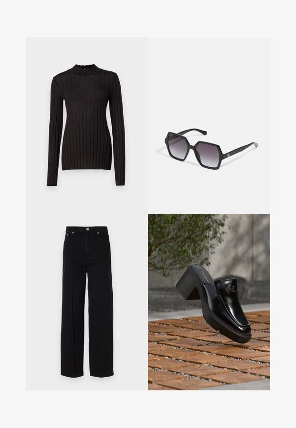 Sort ribbet langærmet sweater med en høj, flæset hals. Stoffet er glat med en tætsiddende silhuet og har vertikale striber.; Sorte denim bredde ben bukser med høj talje, der har fem lommer, metal knaplukning og lige søm detaljer langs siderne.; Sort læder Calvin Klein slip-on mule med blokhæl, der hviler på trætøj udendørs nær en grøn plante og en grå væg.; Sorte sekskantede solbriller med gradientlinser, med en glat overflade og diskret branding på stængerne. Holdbar plastkonstruktion.