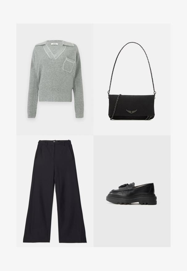 Pull en tricot gris avec un col en V et des finitions blanches contrastantes, doté d'une poche avant et de manches longues. Texture légère.; Maje PIMANO - Pantalon classique - noir; Mocassins en cuir noir avec une semelle en caoutchouc épaisse et une texture striée. Présente un accent tressé à l'avant. Vue de côté affichée.; Sac à main noir avec un motif en cuir de serpent texturé, doté d'une chaîne, d'une fermeture éclair et d'un accent de logo subtil à l'avant.
