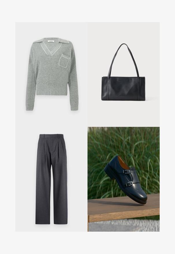 Pull en tricot gris avec un col en V et des finitions blanches contrastantes, doté d'une poche avant et de manches longues. Texture légère.; Pantalon gris ajusté avec une coupe droite, un devant plissé et une finition texturée, comprenant des passants de ceinture à la taille.; Chaussure en cuir noire à double boucle monk, équilibrée sur un banc en bois avec un fond d'herbes hautes et vertes.; Sac à main rectangulaire en cuir noir avec deux fines bandoulières sur un fond clair uni.