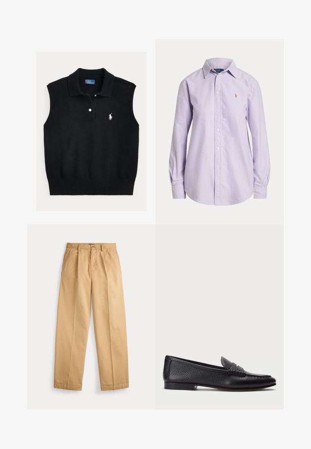 Sort ærmeløs polo-pullover lavet af struktureret strikstof med en ribkantet krave, der har en to-knaps stolpe og et hvidt broderet logo.; Lyse lilla langærmet skjorte med knapper, krave og lille broderet logo på venstre bryst.; Beige bukser med lige ben, lukning med knap og lynlås, forlommer, bæltestropper og pressede folder ned langs benene.; Sorte læder loafers med struktureret finish, der har en dekorativ rem og flad hæl. Slank, minimalistisk design med rund tå.