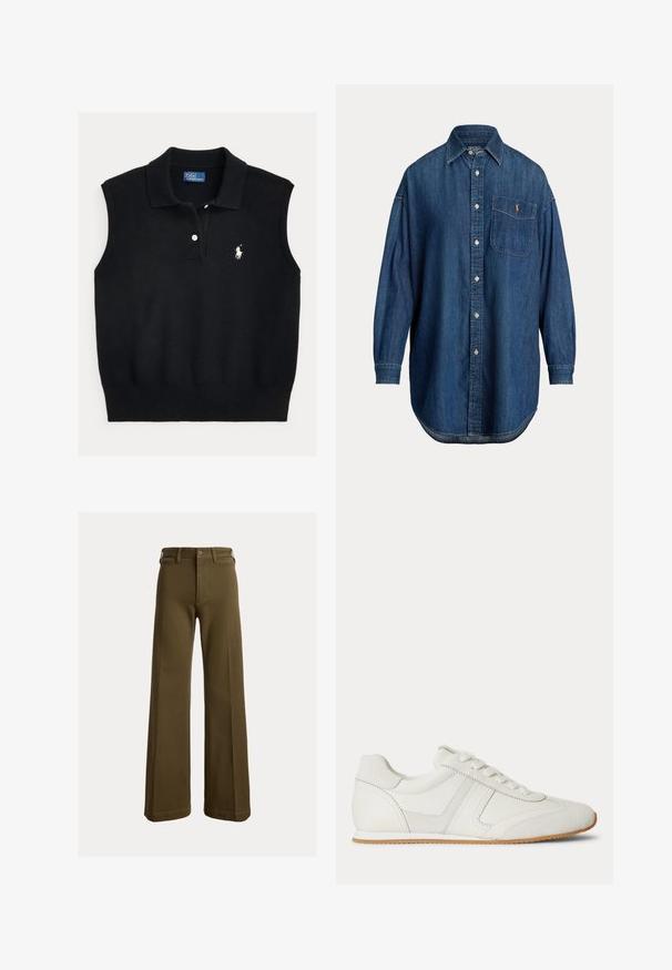 Zwart mouwloos poloshirttrui gemaakt van een gestructureerde gebreide stof met een geribde kraag, voorzien van een knoopsluiting met twee knopen en een wit geborduurd logo.; Blauw denim overhemd met lange mouwen, knopenrij, borstzak met klein geborduurd logo en klassieke kraag.; Wijde olijfgroene broek met riemlussen, voorste knoop en ritssluiting, getoond tegen een effen achtergrond.; Witte lage sneaker met veters aan de voorkant, suède en leren panelen, en een lichtbruine rubberen zool op een witte achtergrond.