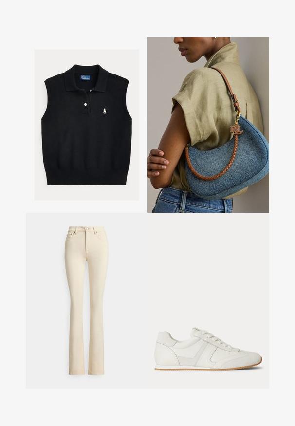Pull sans manches noir en maille texturée avec un col côtelé, doté d'une patte à deux boutons et d'un logo brodé blanc.; Jean évasé beige avec une taille haute, deux poches avant et une fermeture par bouton. Texture lisse et détails de couture minimalistes.; Baskets basses blanches avec laçage à l'avant, panneaux en daim et cuir, et une semelle en caoutchouc marron clair sur fond blanc.; Femme portant une chemise beige et un jean bleu tenant un sac à main en denim bleu avec une lanière marron tressée et un charm doré avec le logo RLL.