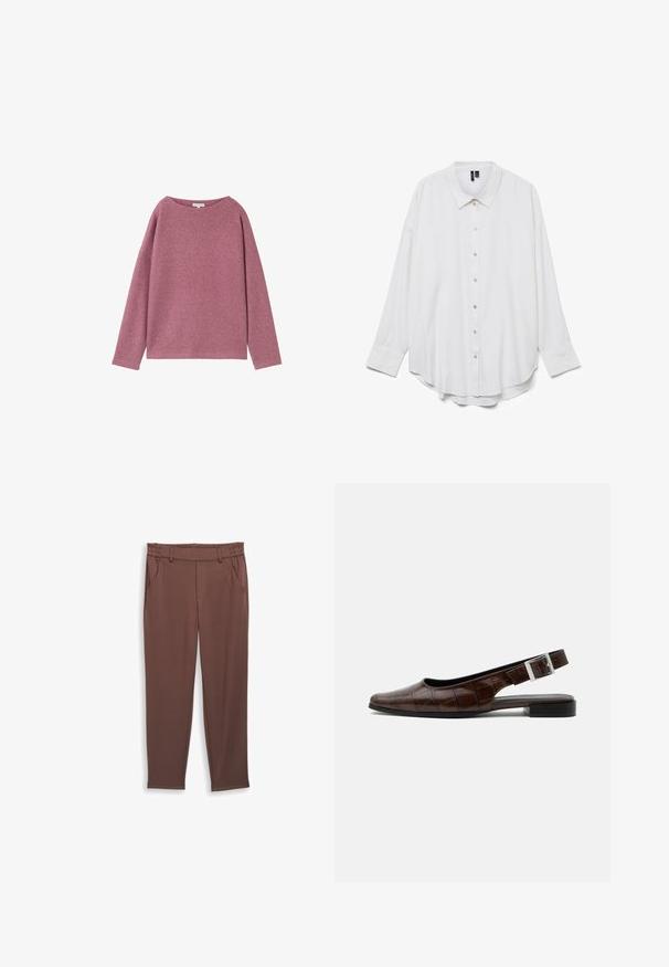 Lange mouwen, loshangende trui van een zachte roze gebreide stof. Ronde halslijn en verlaagde schouders, met een gestructureerde afwerking.; Witte blouse met lange mouwen, knopen, puntkraag en gebogen zoom, afgebeeld tegen een effen witte achtergrond.; Bruine, taps toelopende broek gemaakt van zachte stof. Voorzien van een elastische tailleband, riemlussen en twee zijzakken. Soepele textuur zonder zichtbare patronen.; Donkerbruine leren slingback platte schoen met een vierkante neus, krokodillenstructuur en zilveren gesp op de band.