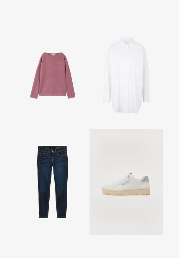 Langærmet, løstsiddende sweater i et blødt pink strikmateriale. Rund halsudskæring og sænkede skuldre med en struktureret overflade.; Hvid skjorte med knapper lavet af bomuld, med klassisk krave, lange ærmer, en brystlomme og en buet kant for en afslappet pasform.; Mørkeblå denim jeans med slim fit, der har orange syninger, fem lommer og en knaplukning i taljen.; Mænds hvide sneakers med en glat overflade, grå detaljer, rund tå og en beige gummisål. Har et sidelabel og perforerede detaljer.