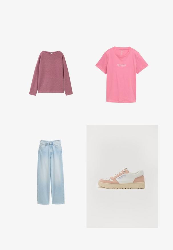 Langärmliger, lockerer Pullover aus einem weichen, rosa Strickmaterial. Rundhalsausschnitt und überschnittene Schultern, mit einer strukturierten Oberfläche.; Rosa T-Shirt mit kurzen Ärmeln aus weichem Stoff. Verfügt über einen runden Ausschnitt und ein weißes Markenlogo auf der Vorderseite.; Hellblaue, weit geschnittene Jeans mit hoher Taille, vorderem Knopf, Reißverschluss und fünf Taschen.; Weiße und rosa Sneaker mit einer glatten Leder- und Wildleder-Oberfläche, runder Zehenpartie, flacher Sohle und tonalen Schnürsenkeln. Verfügt über ein seitliches Branding-Detail.