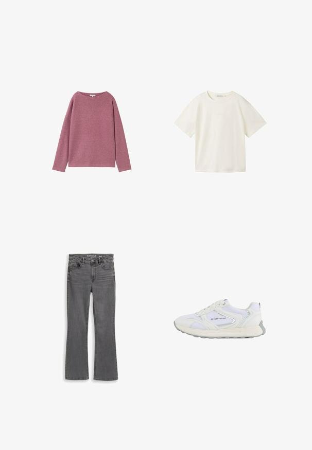 Langärmliger, lockerer Pullover aus einem weichen, rosa Strickmaterial. Rundhalsausschnitt und überschnittene Schultern, mit einer strukturierten Oberfläche.; TOM TAILOR DENIM T-Shirt basic - gardenia white; Graue Bootcut-Jeans aus Denim, mit einem klassischen Fünf-Taschen-Design, dezentem Verblassen und Nähten entlang der Säume.; Weißer Sportschuh mit einem Obermaterial aus Mesh und Synthetik, ausgestattet mit silbernen Akzenten und einer strukturierten Gummisohle, beschriftet mit "TOM TAILOR."