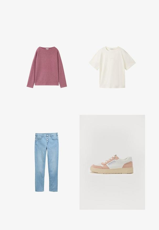 Lange mouwen, loshangende trui van een zachte roze gebreide stof. Ronde halslijn en verlaagde schouders, met een gestructureerde afwerking.; TOM TAILOR DENIM T-shirt basic - gardenia white; Lichtblauwe denim jeans met een getailleerd ontwerp, vijf zakken en een knoopsluiting met vijf zichtbare knopen. Glad textuur en klassieke snit.; Witte en roze sneaker van glad leer en suède, met een ronde neus, platte zool en tonale veters. Bevat een zijbrandingdetail.