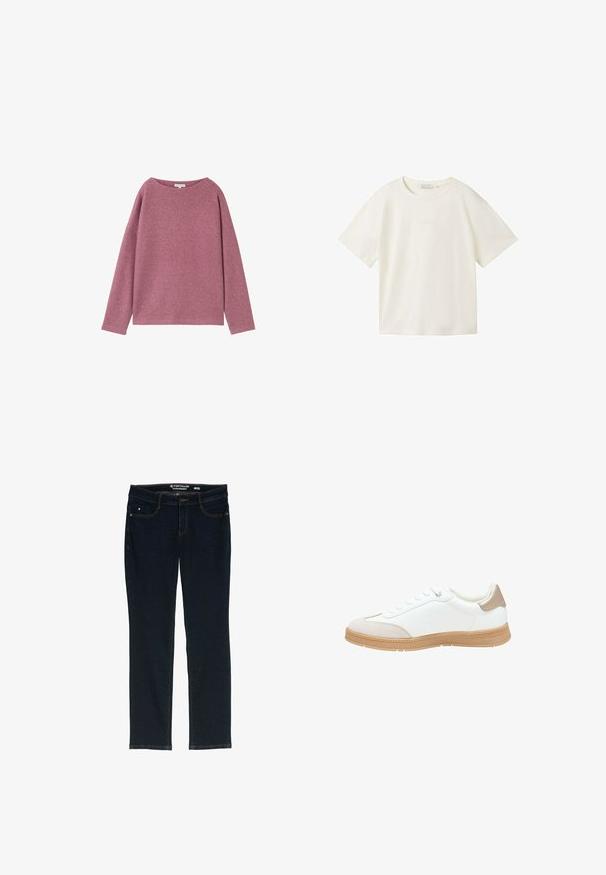 Langärmliger, lockerer Pullover aus einem weichen, rosa Strickmaterial. Rundhalsausschnitt und überschnittene Schultern, mit einer strukturierten Oberfläche.; TOM TAILOR DENIM T-Shirt basic - gardenia white; Dunkelblaue gerade geschnittene Jeans aus Denim. Verfügt über fünf Taschen, kontrastierende orangefarbene Nähte und ein Etikett am Bund mit dem Markennamen.; Weiße Sneaker mit einem glatten Lederobermaterial, einem beigefarbenen Suede-Zehenkappen und einer strukturierten braunen Gummisohle. Verfügt über fünf Ösen für die Schnürsenkel und eine gepolsterte Ferse.