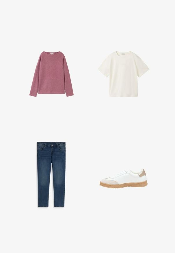 Langärmliger, lockerer Pullover aus einem weichen, rosa Strickmaterial. Rundhalsausschnitt und überschnittene Schultern, mit einer strukturierten Oberfläche.; TOM TAILOR DENIM T-Shirt basic - gardenia white; Dunkelblaue Jeans mit geradem Bein, Vordertaschen, Gürtelschlaufen und Knopfverschluss in der Taille.; Weiße Sneaker mit einem glatten Lederobermaterial, einem beigefarbenen Suede-Zehenkappen und einer strukturierten braunen Gummisohle. Verfügt über fünf Ösen für die Schnürsenkel und eine gepolsterte Ferse.
