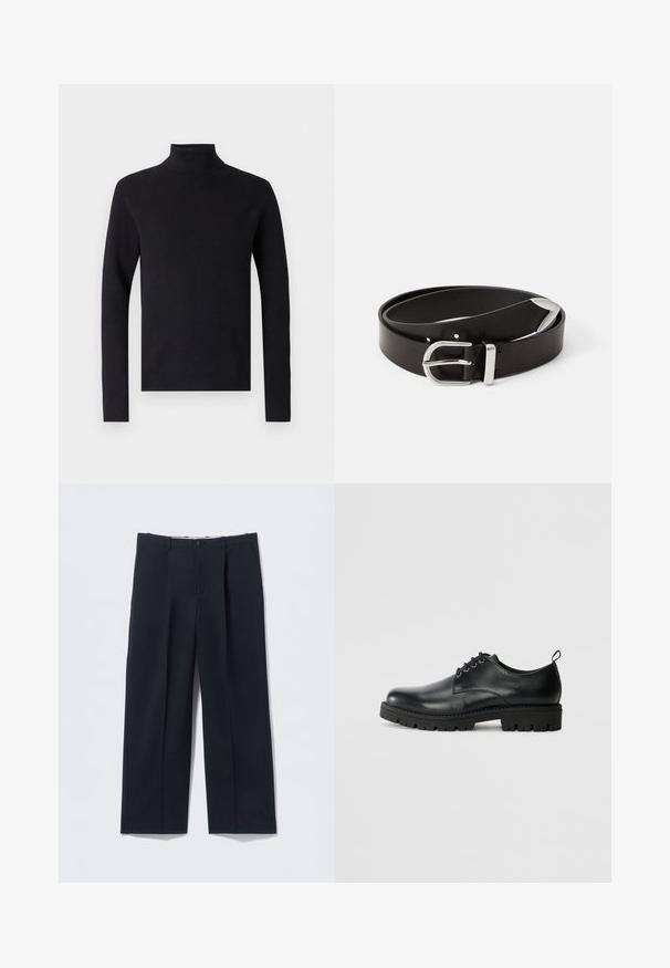 Pull col roulé noir avec texture côtelée, manches longues et silhouette ajustée. Design simple sans motifs ni accents visibles.; Pantalon bleu marine foncé en tissu lisse, avec une coupe ajustée, deux poches avant et une fermeture par bouton.; Chaussure en cuir noir à bout arrondi, présentant un design à lacets, une semelle en caoutchouc noire robuste et un petit onglet de talon à l'arrière.; Ceinture en cuir noir avec une boucle en métal argenté, présentant un design classique et une texture lisse. Comprend des trous pour un ajustement flexible.