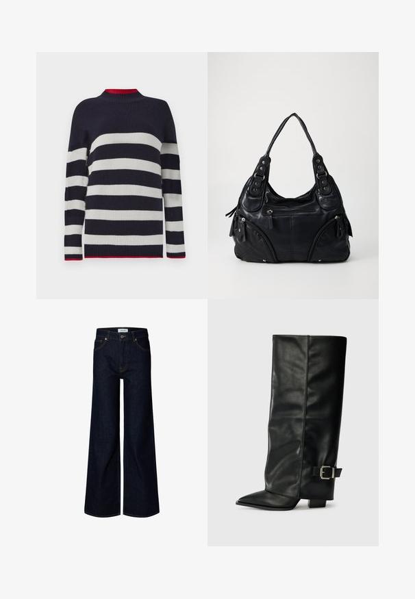 Pull rayé bleu marine et blanc avec une texture côtelée, présentant un col haut et des accents rouges au niveau du col et de l'ourlet.; Jean en denim bleu foncé à jambes larges avec bouton et fermeture éclair à l'avant, passants de ceinture et poches avant, présenté sur fond blanc.; Bottes noires en cuir longueur cheville avec un bout pointu, texture lisse et une accent en boucle argentée sur le côté. Talon carré épais.; Sac à main en cuir noir avec double anses, poches zippées à l'avant et détails en rivets métalliques, sur un fond clair et uni.