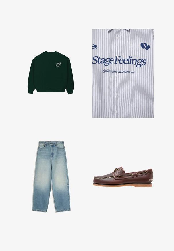 Tmavo zelený sveter s dlhými rukávmi a rebrovanými manžetami a dolným lemom, s malým svetlým kurzívnym logom "P" na hornej ľavej strane hrude.; Biela košeľa s tenkými vertikálnymi pruhmi, modrý text "Stage Feelings" a "Letting your emotions out", ikony zlomeného srdca a spínacej ihly.; Svetlomodré džínsové nohavice širokého strihu s prednými vreckami, zapínaním na gombíky a vyblednutými detailmi na stehnách a kolenách.; Hnedá kožená lodná topánka s bielym prešívaním, detailmi na šnúrky a svetlohnedou gumovou podrážkou, zobrazená z boku na bielom pozadí.