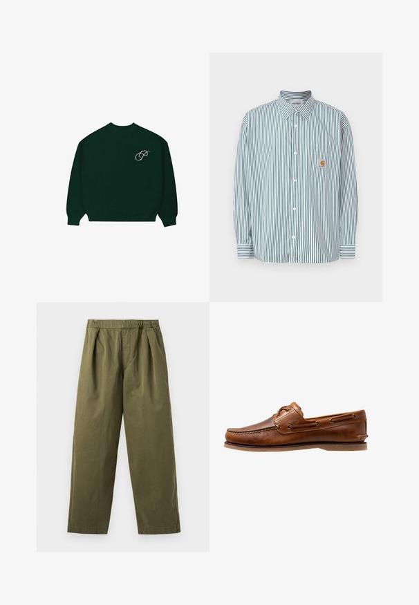 Suéter de manga larga verde oscuro con puños y dobladillo acanalados, que presenta un pequeño logo en cursiva de color claro 'P' en la parte superior izquierda del pecho.; Camisa de rayas en verde y blanco, con cuello abotonado, mangas largas, bolsillo frontal y una pequeña etiqueta con logo.; Pantalones de pierna ancha en verde oliva con cintura elástica y pliegues delanteros, mostrados sobre un fondo claro.; Zapato de barco de cuero marrón con acentos de costura, con ojales de metal, una costura elevada en la puntera y una suela de goma plana.