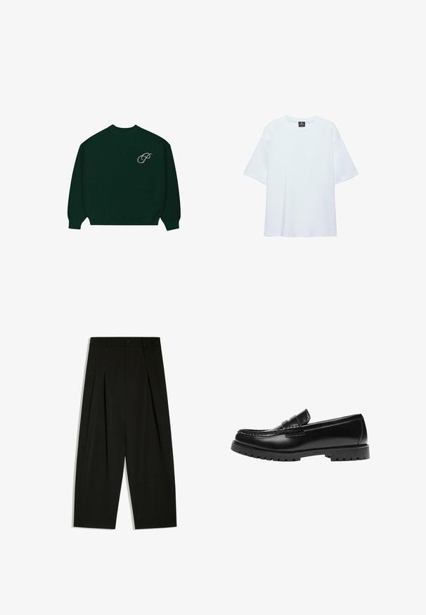 Mørkegrønt langærmet sweater med ribbede manchetter og kant, der har et lille lysfarvet kursiv "P" logo på den øverste venstre bryst.; Hvid, oversized T-shirt med korte ærmer og rund halsudskæring, med en sort etiket inde i kraven på en hvid baggrund.; Sorte vidde bukser med plisseringer, bæltestropper og knaplukning i taljen.; Sort læderloafer med en kraftig gummisål og klassiske penny-strap detaljer, vist fra ydersiden.